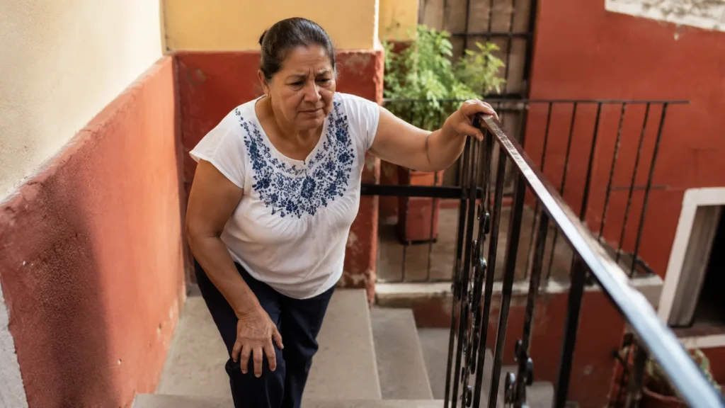 Mujer mexicana mayor subiendo escaleras con apoyo en el barandal por dolor de rodilla