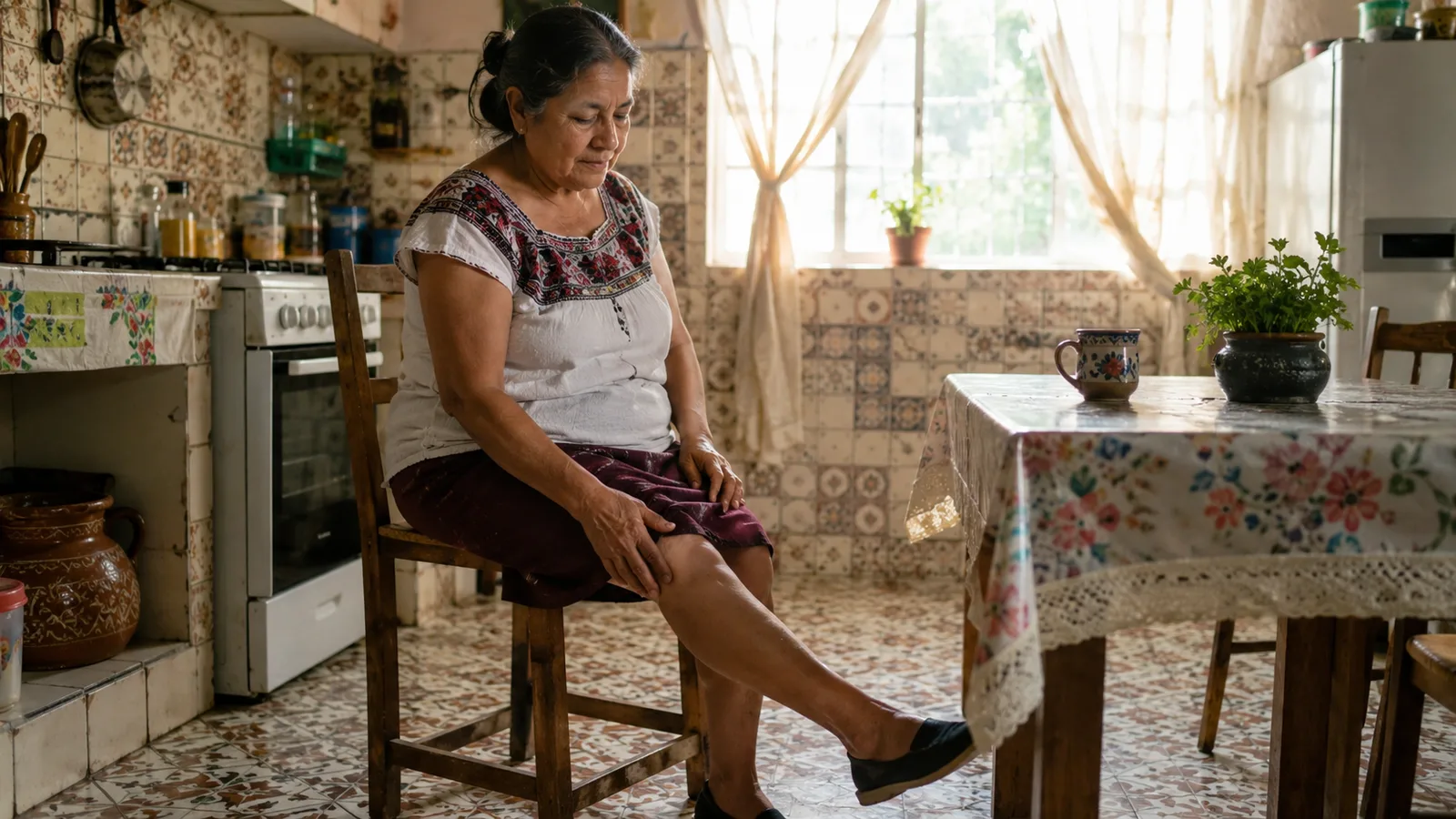 Mujer sentada en la cocina estirando la pierna y escuchando el crujido de la rodilla