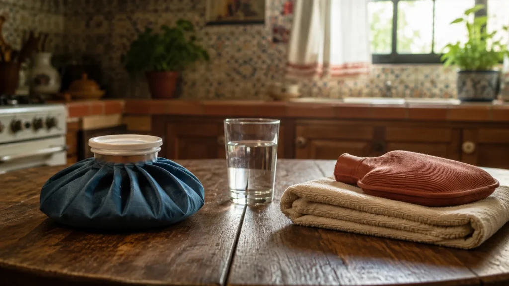 Bolsa de hielo y compresa caliente sobre una mesa de cocina mexicana