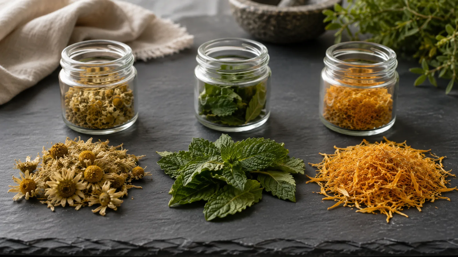 Flores de arnica, hojas de menta y petalos de calendula junto a frascos de vidrio