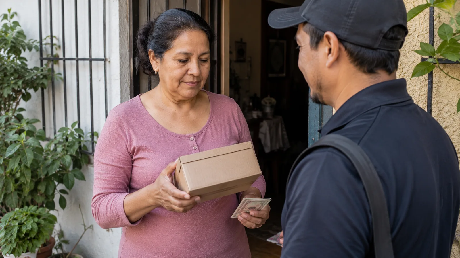 Mujer recibiendo un paquete en la puerta de casa y pagando en efectivo al repartidor