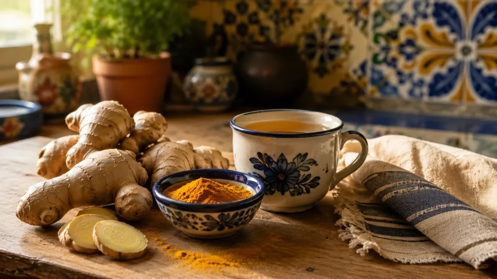 Jengibre fresco, curcuma en polvo e infusion de hierbas sobre una mesa de cocina mexicana
