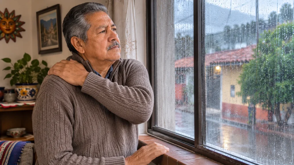 Hombre mayor mirando la lluvia por la ventana mientras se frota el hombro