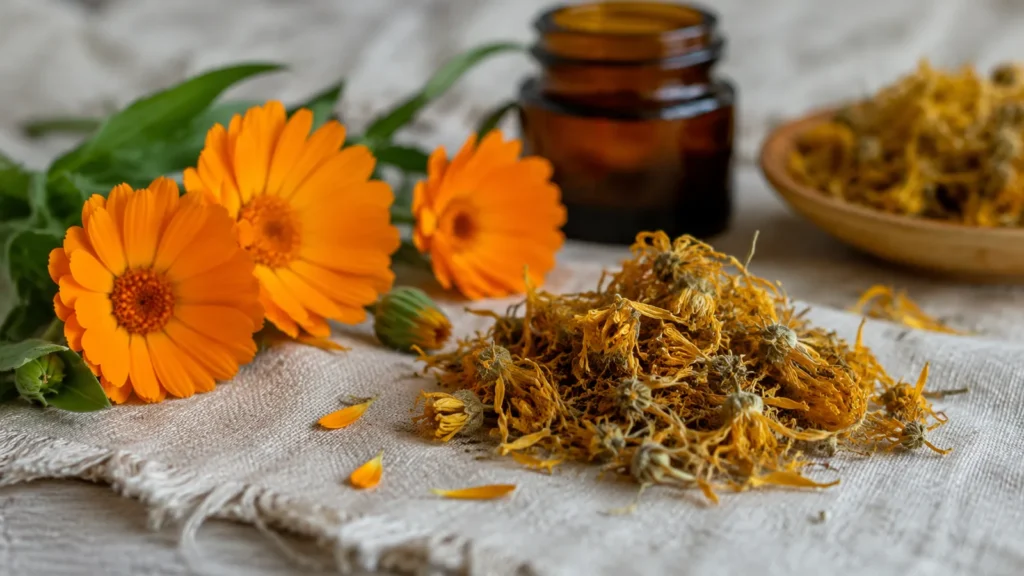 Flores de calendula frescas y secas sobre tela de lino junto a un frasco ambar