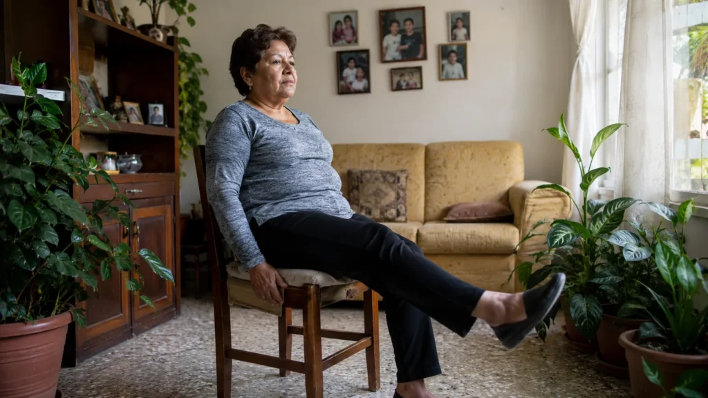 Mujer mayor haciendo extension de pierna sentada en una silla en su sala