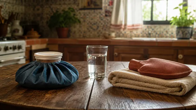 Bolsa de hielo y compresa caliente sobre una mesa